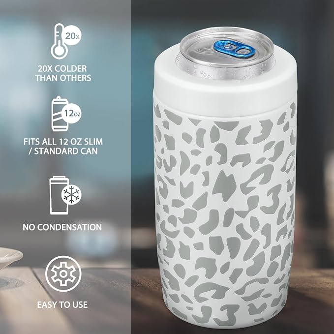 4-in-1 Slim Can Cooler Easy to Hold Insulated Beer Can Holder Double-walled Stainless Steel for All 12 Oz Cans Gift (White Leopard)