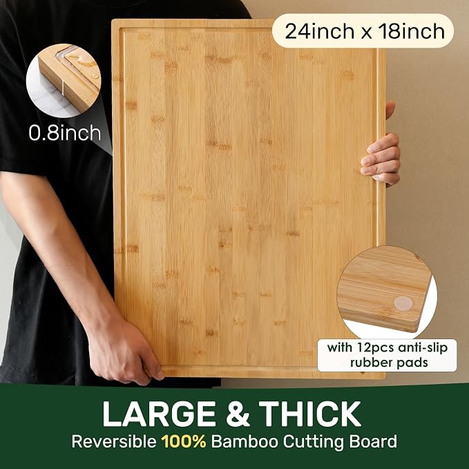 Kikcoin 24”×18” Bamboo Cutting Boards for Kitchen, Wooden Healthy Cutting Boards for Charcuterie, Vegetables, Cheese, Bread, Extra Large Chopping Boards with Deep Juice Groove and Handle, Natural