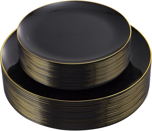 KIRE 60PCS Black Plastic Plates - Black Disposable Plates with Gold Rim for Halloween Party/Graduation - Include 30Pcs 10.25inch for Dinner and 30Pcs 7.5inch for Dessert