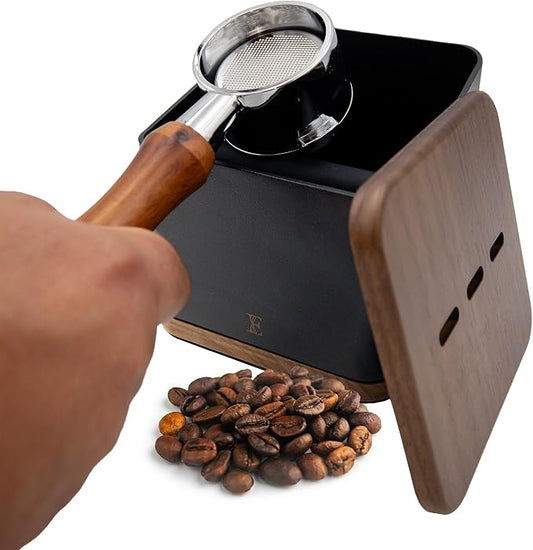 Espresso Knock Box with Lid, 1L Steel Coffee Puck Container, Black | Walnut non-slip base, quiet rubber knock bar, holds 20-25 pucks, dump bin for used grounds, home barista station essential
