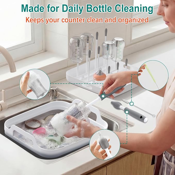 Yecuip Collapsible Baby Bottle Wash Basin w/Drying Rack & Drain Plug, Gray | 2.4 Gallon Foldable Dish Tub w/Handles,Portable RV Camping Sink & Space-Saving Wash Bin with Lid for Kitchen,Travel & Outdoor