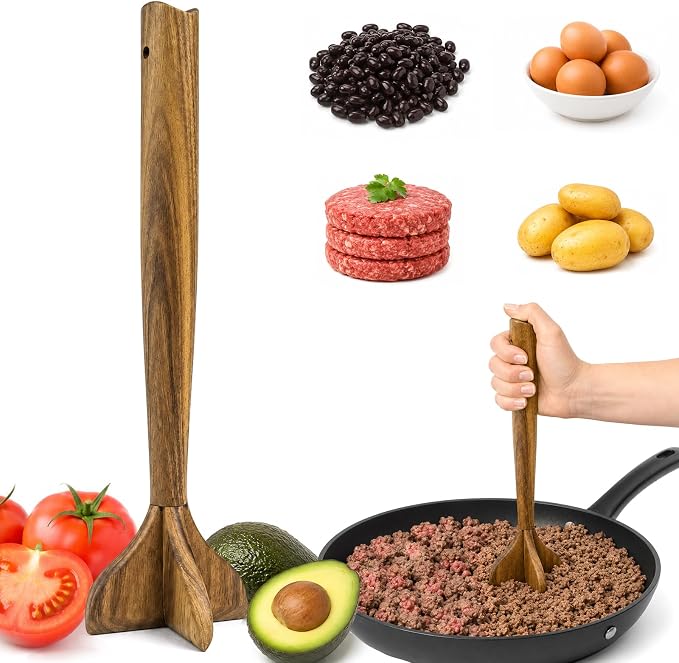 Wooden Meat Masher, Acacia Wood Meat Chopper for Ground Beef, 11 Inch Hamburger Smasher Tool, Manual Burger Potato Masher Kitchen Gadgets