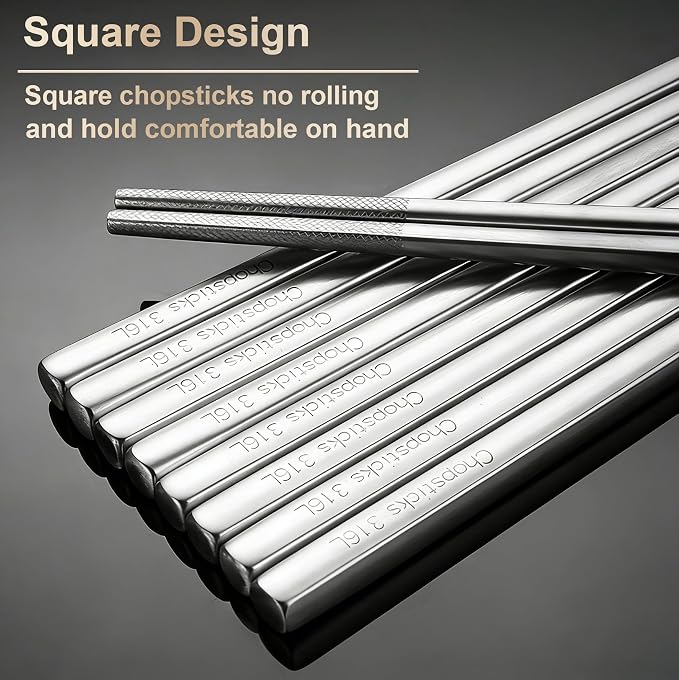 5 Pairs Metal Chopsticks Reusable 316 Stainless Steel Chopsticks Cute Laser Engraved Non-slip Japanese Korean Chinese Chopstick for Cooking Eating Dishwasher Safe 9.5" Chop Sticks Gift Set