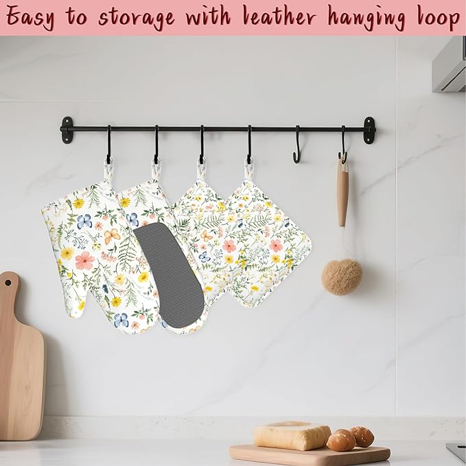 Wildflowers Oven Mitts and Pot Holders (4PCS),Vintage Plants Herb Flower Butterfly Heat Resistant Non-Slip Silicone Kitchen Gloves for Cooking, Baking, BBQ Waterproof Kitchen Accessories