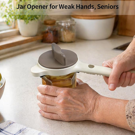 4-in-1 Jar Opener for Weak Hands, Seniors with Arthritis (Beige) | Multi-Purpose Lid Opener, Includes Magnetic Hook & Rubber Gripper, for Jars, Bottles and Beer Caps, Simple Twist-off