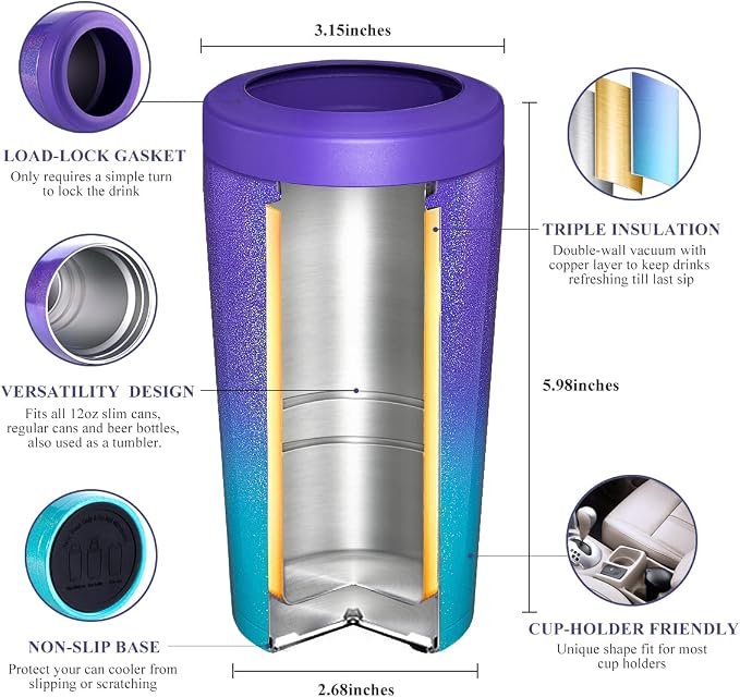 Pealeap 4-in-1 Insulated Slim Can Cooler for All 12oz Cans & Beer Bottles | Double-walled Stainless Steel Vacuum Can Cozy | Keep 8Hrs Cold | Universal Fits 12oz Drinks | No Sweat | Cup Holder Friendly