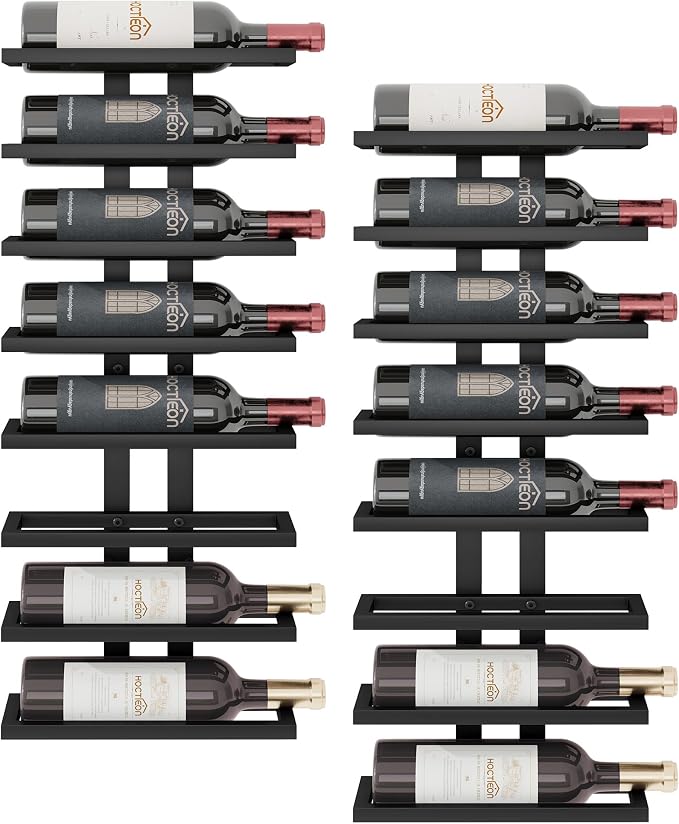 Hoctieon 2-Set 8 Tier Wall Mount Wine Rack (16 Tiers), Wall Racks for Wine Bottles Display and Storage, Hanging Bottle Organizer for Living Room, Dining Room, Wine Cellar, Bar, Black