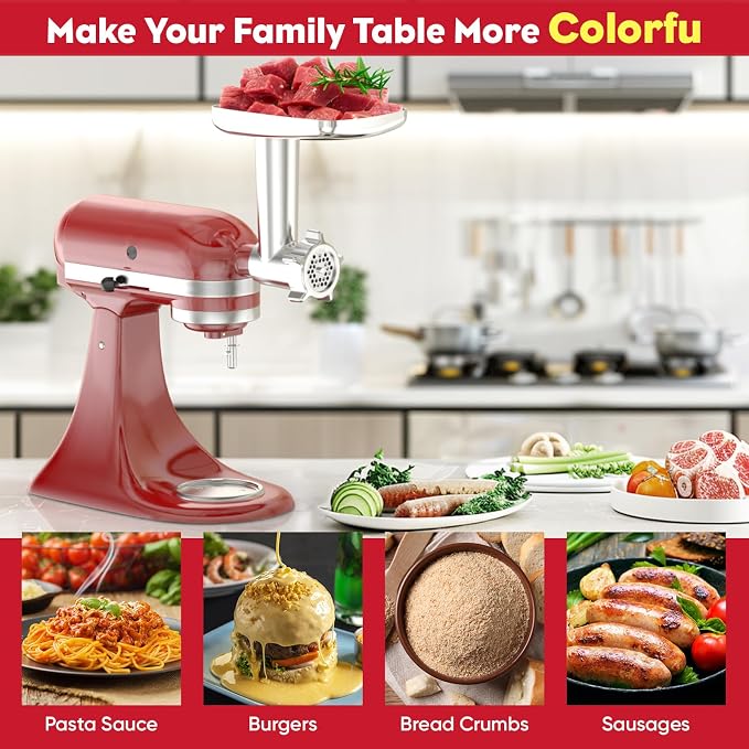 Meat Grinder for KitchenAid Mixer, Meat Grinder Attachment with 4 Grinding Plates, 3 Sausage Stuffer Tubes, 2 Grinding Blades, Attachment for Kitchenaid Mixers