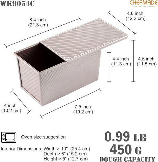 CHEFMADE Pullman Loaf Pan with Lid, 1Lb Dough Capacity Non-Stick Rectangle Corrugated Toast Box for Oven Baking 4.2" x 7.7"x 4.4"(Champagne Gold)