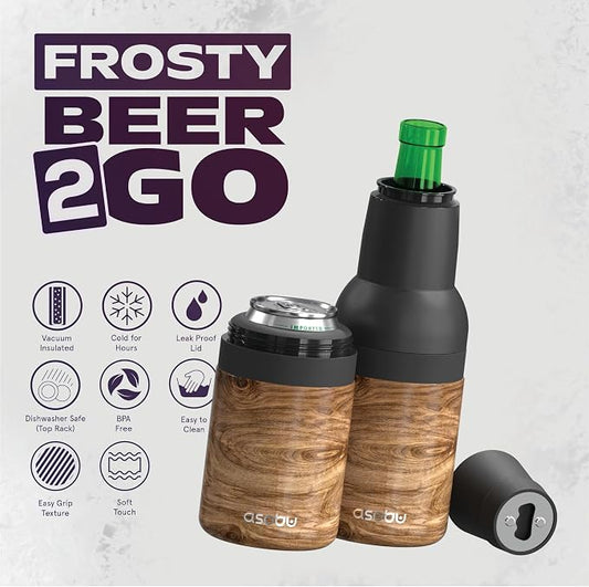 Asobu Frosty Beer Holder 2 Go Vacuum Insulated Double Walled Stainless Steel Beer Can and Bottle Cooler with Beer Opener, Bpa Free, Fits Standard 12oz Bottles, Gift for Beer Lovers (Natural Wood)