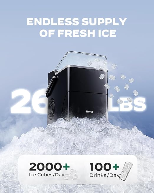 Silonn Countertop Ice Maker with 2.5L Expandable Ice Basket & 1.8L Water Tank, 9 Bullet Ice in 6 Mins, Portable Ice Makers, LED Touch Control, Self-Cleaning, 2 Ice Sizes for Home Kitchen Office