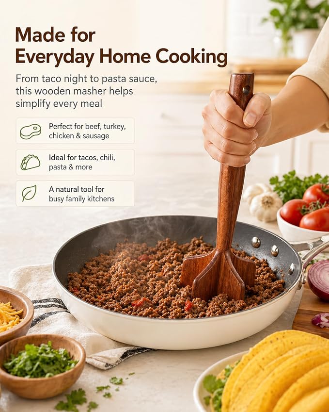 Meat Masher Ground Beef Chopper for Wooden Manual Tool Hamburger Wood Smasher Turkey Potato Chicken Grinder Teak Beed Tenderizer 2026 New Heavy Duty Kitchen Gadgets