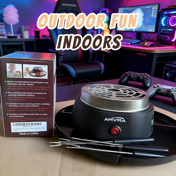 AMVRA Indoor Electric S'Mores Maker Smores Kit with 4 Stainless Steel Marshmallow Roasting Sticks and 4 Trays for Graham Crackers, Chocolate, and Marshmallows - Movie Night Supplies - Black