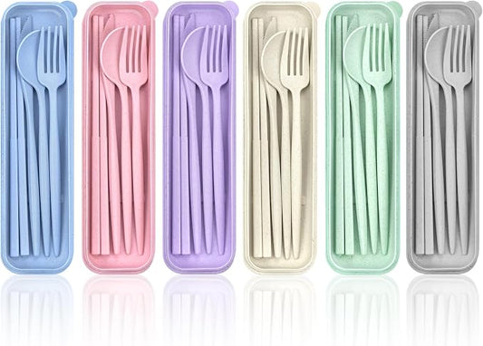 DISSKNIC Travel Utensils with Case, 6 Sets Reusable Utensils Set with Case, Camping utensil Set for Daily Use or Outdoor