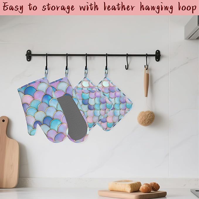 Pink Mermaid Scales Heat-Resistant Silicone Oven Mitts and Pot Holders,Long Oven Gloves with Non-Slip Grip for Cooking, Baking, Grilling,BBQ