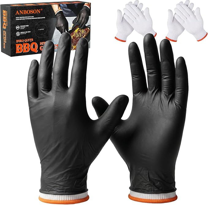 ANBOSON BBQ Gloves,Disposable BBQ Gloves Heat Resistant Cooking | 50 Disposable Nitrile Gloves with 2 Reusable Cotton Liners, Powder Free, Latex Free for Smoking,Grilling,Cooking,Food Prep