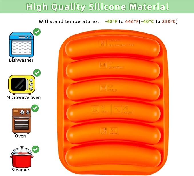 Silicone Sausage Mold 2 Pcs with a Set of Silicone Brush Spatula and 25x Pastry Bags, Non-Stick Hot Dog Bun Pan, DIY Handmade Ham Sausage, Hot Dogs Baking Mold for Children's Food with Lid, Orange*2