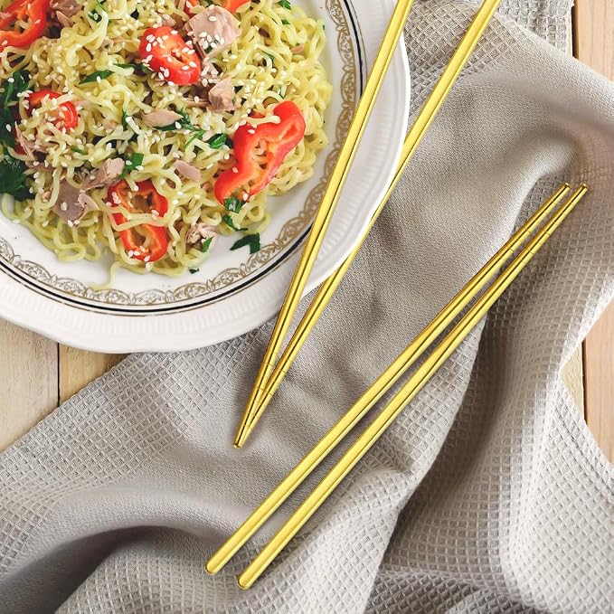 Gold Stainless Steel Chopsticks Set 10 Pairs Reusable Metal Chop Sticks for Japanese Chinese Korean Cuisine Premium Tableware Gift Set Dishwasher Safe Eating Utensils Lightweight Durable