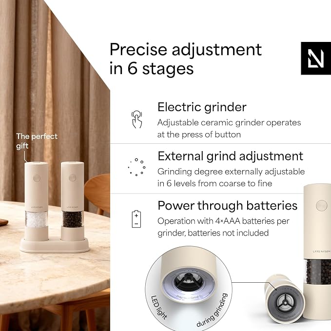 LARS NYSØM Electric Salt and Pepper Grinder Set I Automatic Salt and Pepper Mills with Adjustable Ceramic Grinder I AAA-Battery Operated Electric Spice Mill Set (Cream Beige)