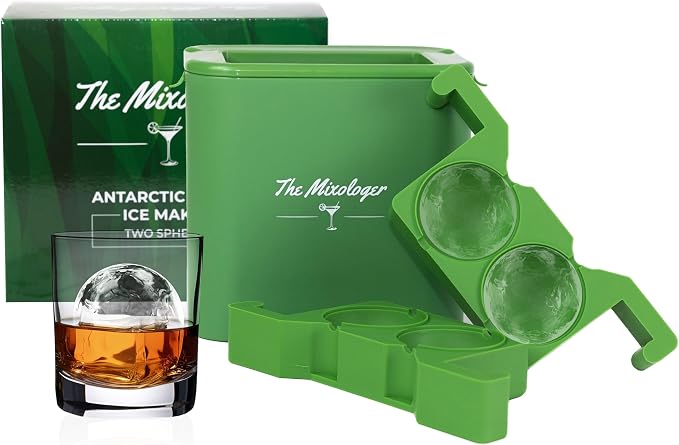 The Mixologer Antarctic Clear Ice Maker Sphere & Cube – Clear Ice Balls for Whiskey & Cocktails – Cocktail Sphere Ice Molds – No Distilled Water Needed – 2 Mold Set with Lid