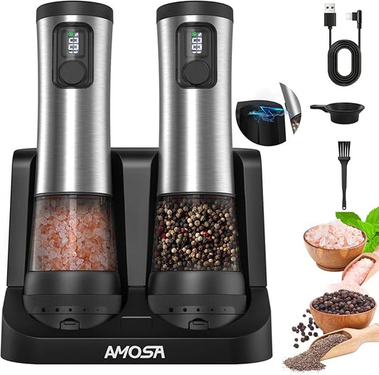 Electric Salt and Pepper Grinder Set, Upgraded 2-Speed Setting, External 5 Adjustable Coarseness, Battery Display Rechargeable Base, Stainless Steel Automatic Salt & Pepper Shakers Mill with LED Light