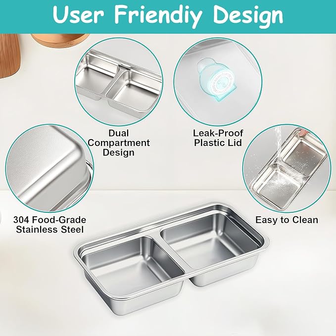 6Pcs 304 Stainless Steel Snack Containers, 2 Compartments Portable Food Storage Bento Boxes with Lids, Divided Meal Prep Lunch Box Food Container Dishwasher Safe