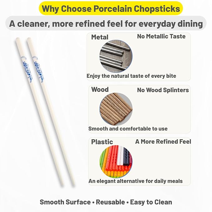 Porcelain Chopsticks Set of 5 Pairs, Reusable Bone Ceramic Chopsticks, Dishwasher Safe, Non-Slip Design, Elegant Gift Box for Family or Restaurant Use (peony)