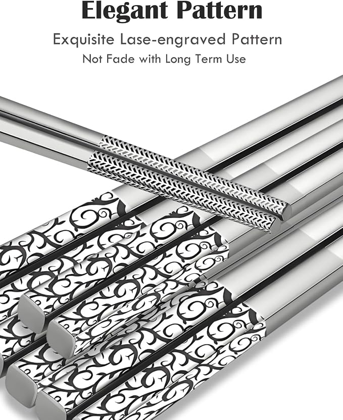 Metal Chopsticks Reusable,18/8 Stainless Steel,Tang Cao, 5 Pairs | Gift Box Set,ishwasher Safe, Square Lightweight, Non-Slip,Easy to clean