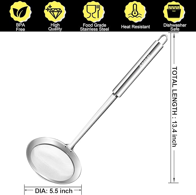 Anaeat 5.5" Stainless Steel Fat Skimmer Spoon - Professional Kitchen Fine Mesh Food Strainer and Hot Pot Skimmer with Long Handle for Skimming, Cooking, Frying, Grease, Gravy and Foam