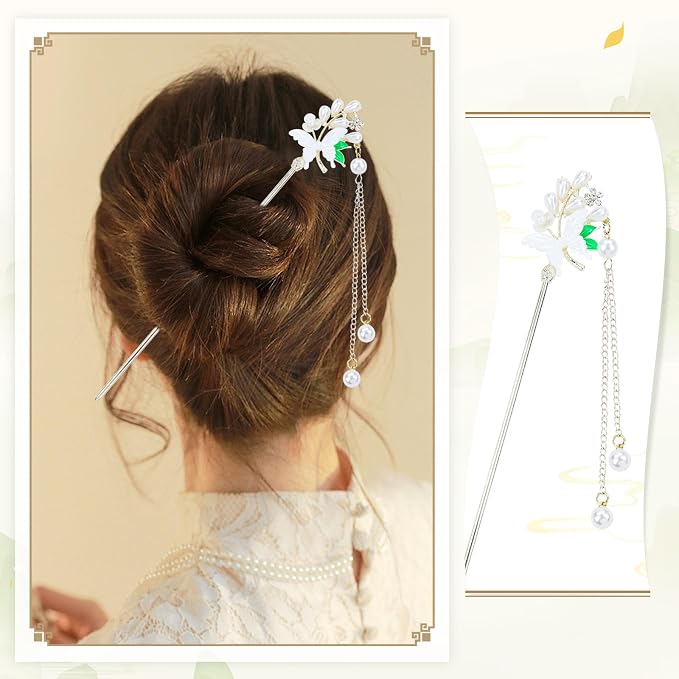 inSowni 8 Pieces Retro Asian Chinese Traditional Hanfu Gold Metal Artificial Jade Bamboo Flower Butterfly Hair Pins with Pearl Bead Pendants Long Hair Sticks Forks Bun Updo Hairpins for Women Girls