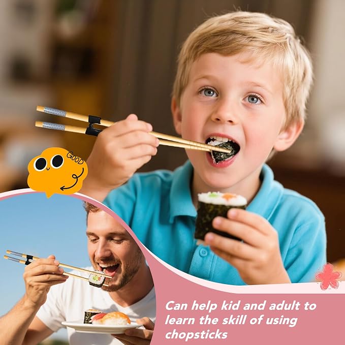 EAEDMY 7 Pairs Training Kid Adult Chopsticks and Trainers for Beginners, Japanese Wooden Beginners Training Chopsticks Helpers Set, Reusable, Dishwasher Safe, L8.86Inch (2.Japanese pattern B)