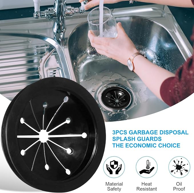 Kitchen Garbage Disposal Rubber Drain Insert,3pcs Garbage Disposal Cover,3 Inch Garbage Disposal Splash Guard,Disposal Splash Guard,Kitchen Sink Rubber Drain Guard, Black, FY616SCFJZ-1