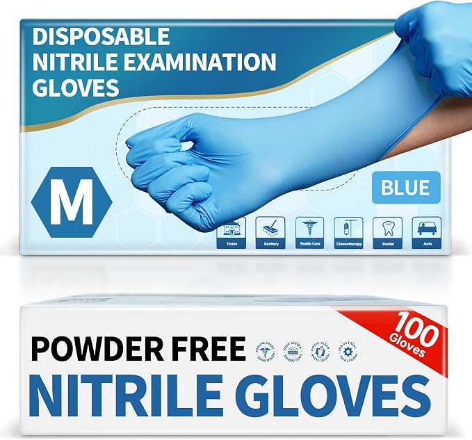 Medguy Medical Blue Nitrile Disposable Exam Gloves, 4 Mil 100 Pcs Powder-Free Latex-Free Food-Safe for Lab Cooking Cleaning