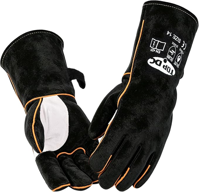 TOPDC Welding Gloves 14 Inch, 482°F Heat Resistant Leather Gloves for Fireplace BBQ Grill Fire Pit Campfire Wood Stove, Kevlar Stitching CE Certified, MIG Stick Forge Furnace Oven Animal Handling