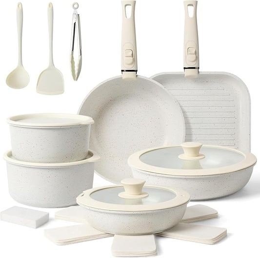 20 Pcs Pots and Pans Set Non Stick, Ceramic Cookware Set Detachable Handle, RV Kitchen Cooking Set Removable Handles, Oven Safe, Induction ReadyStackable Non-stick set Cream White