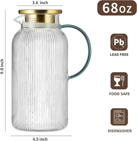2 PACK Glass Pitcher with Lid,68 oz/ 2 Liter Vertical Stripes Water Pitcher With Green Handle,Glass Water Carafe for Cold Brew,Coffee, Lemonade, Iced Sun Tea,Beverage,Milk Heat Resistant