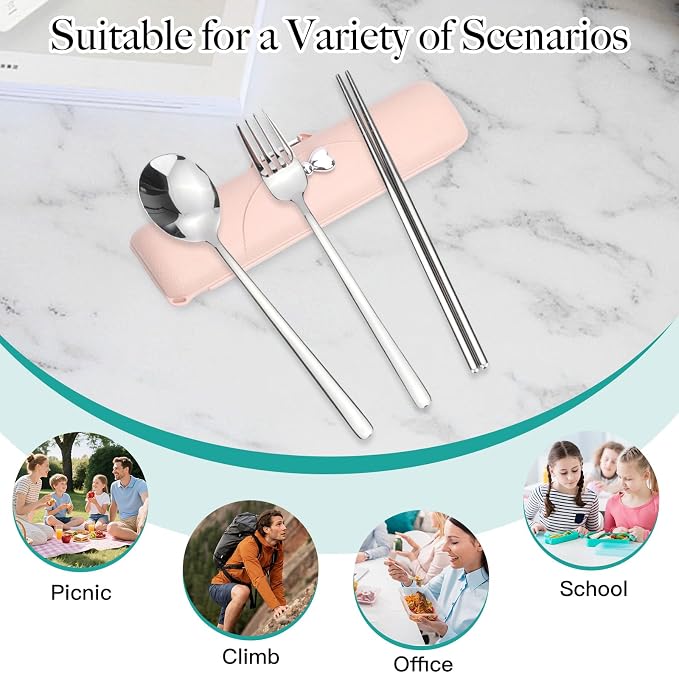 Reusable Travel Utensils with Case, Portable Cutlery for Work | Cute Silverware Set for Lunch Box, Stainless Steel Spoon Fork Chopsticks for Camping, Picnic, Food-Grade, Dishwasher Safe