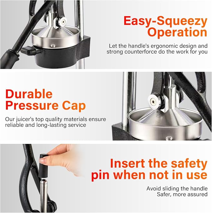 Manual Cast Iron Lemon Squeezer, Black Citrus Juicer | Detachable Cone, Free Stainless Steel Cup, Extracts Juice from Lemons, Oranges and Grapefruits, Easy to Clean