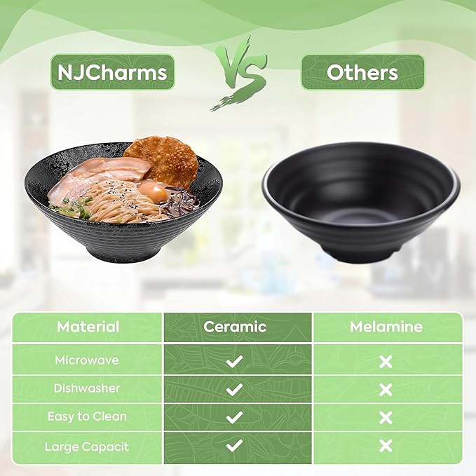 NJCHARMS Ceramic Ramen Bowl Set of 2, 60 oz Japanese Noodle Soup Bowls with Spoons and Chopsticks for Ramen Soup Pho Udon Asian Noodles, Large Noodle Bowls(Black