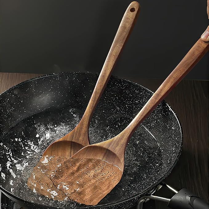 Wooden Spatula,15.3 Inch Flat Wood Wok Spatula,Wood Kitchen Utensils for Cooking,Long Handle Turner Coated Natural Resin, Handmade Kitchenware for Nonstick Pan Cookware
