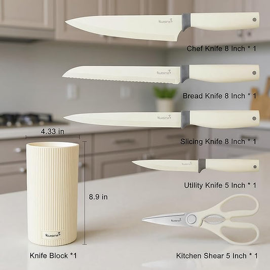 KUISINE Sharp Chef Knife Set Upgraded,High Carbon Stainless Steel Ergonomic Handle Knife Set with 3-hole Bottom Block,Easy to Drain and Clean(Ivory Silver Pro,6PCS)