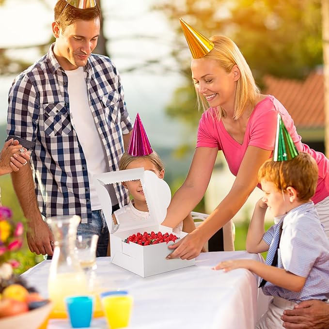 White Cake Boxes 10 Inch with Window， 4 Set Bakery Boxes with Cake Boards & Stickers, Tough Containers for Layer Cakes, Cupcakes, Desserts Food Safe Packaging（10x10x5 inch）