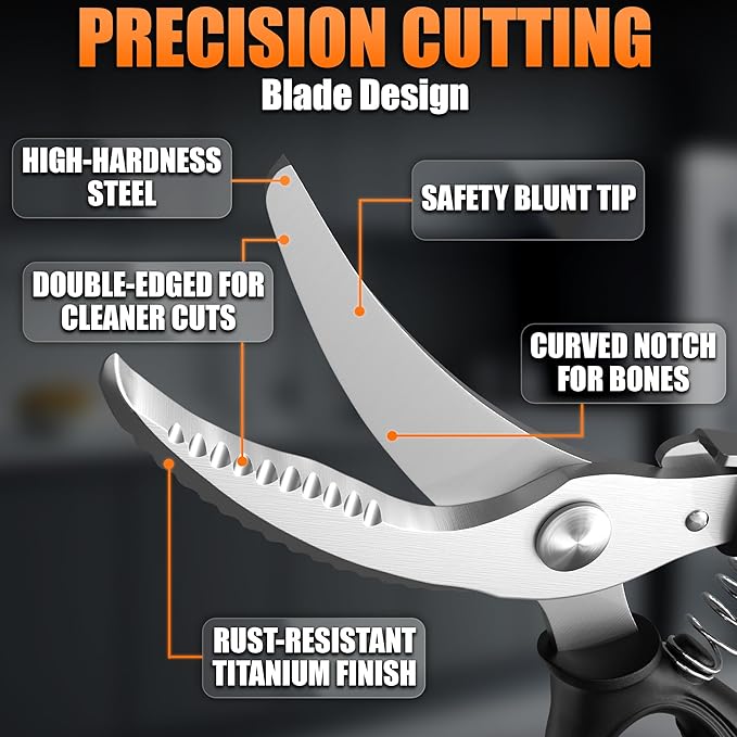 Poultry Shears Heavy Duty, Stainless Steel, 9.4 In, Safety Lock | Spring Loaded Bone Cutting Scissors with Serrated Edge that Grips Joints; Turkey, Poultry & Chicken Shears for Spatchcock