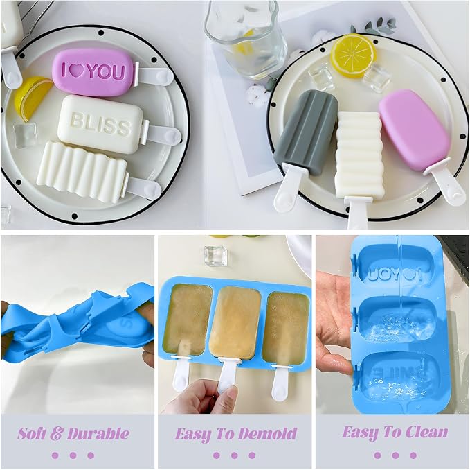 Ice Popsicle Molds Silicone3-Pack, 9 Cavity Iec Pop Molds, BPA Free Silicone Popsicle Molds, Reusable Ice Pop Molds for Homemade Cake Pop, DIY Ice Pop, Cream (Blue)