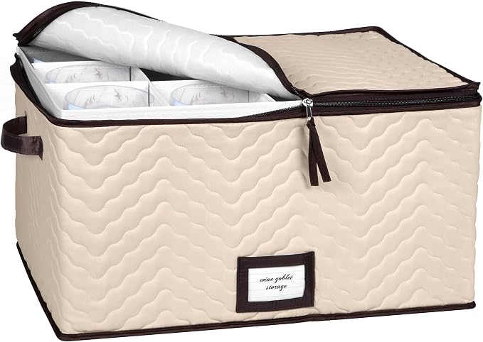 Wine Glass Storage Box with Dividers, Holds 12 Glasses up to 4.25" Wide | Stemware Storage Case, Protects Fine China, Durable Quilted Microfiber, Carry Handles, Ideal for Red Wine Glass