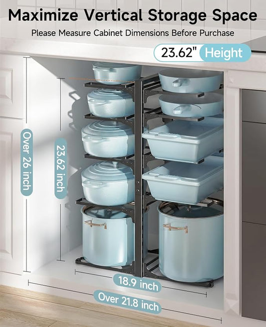 MUDEELA 10-Tier Pots and Pans Organizer Rack, 23.62" H for Cast-iron Pans | Adjustable heavy-duty pot rack, Holds big stockpots, cookware & skillets, Fits under cabinet on countertops, Kitchen storage