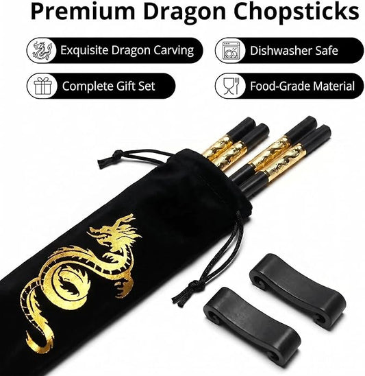 Youda Golden Dragon Chopsticks Set-Premium Alloy Metal Reusable Chopsticks with Holder & Gift Bag, Traditional Chinese & Japanese Style Design, Dishwasher Safe, Elegant Gift Box (2 Pairs)