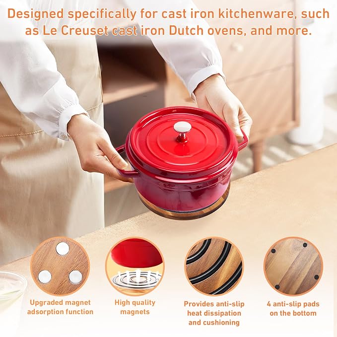 2 Pcs Magnetic Wooden Trivets, Acacia Wood with Black Silicone Rings, Magnetic Pot Holder for Le Creuset Enameled Cast Iron Dutch Oven & Cast Iron Skillets, Wood Trivet
