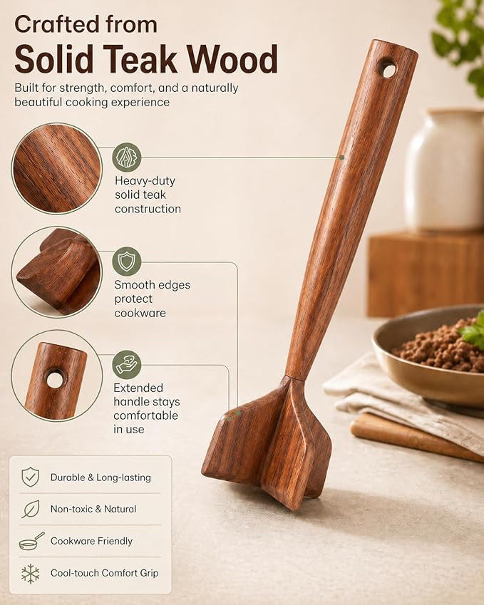 Meat Masher Ground Beef Chopper for Wooden Manual Tool Hamburger Wood Smasher Turkey Potato Chicken Grinder Teak Beed Tenderizer 2026 New Heavy Duty Kitchen Gadgets