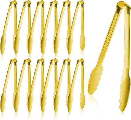 Gold Buffet Tongs 9'' Inches Serving Tongs Heavy Duty Stainless steel Kitchen and BBQ Utility Tong Pack of 12 (Gold, 9inch)
